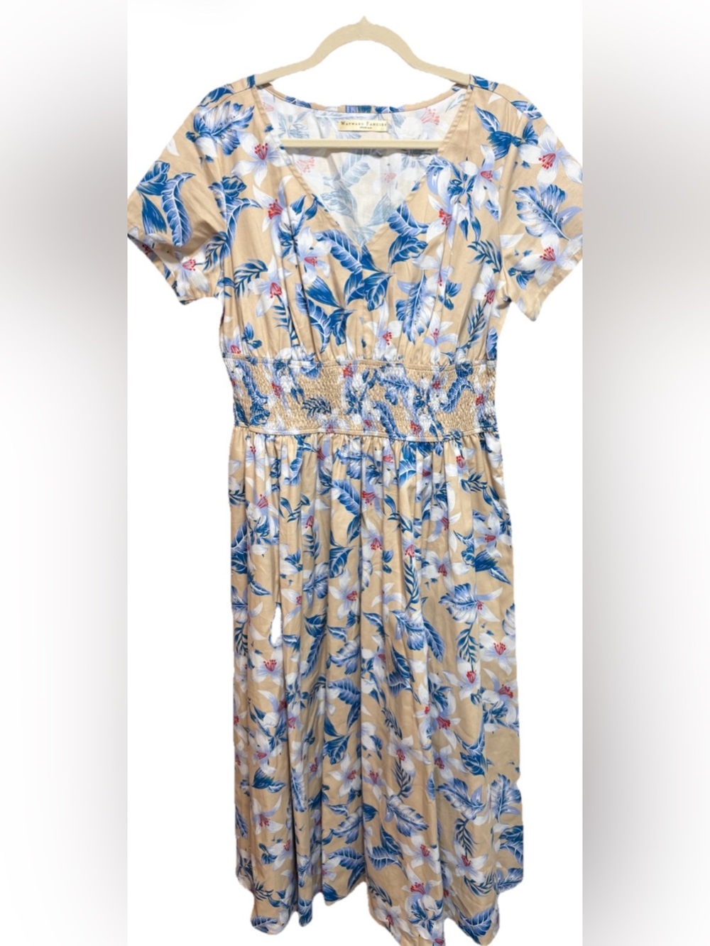 eshakti Beige Dress with Blue Leaf Print and Red Accents